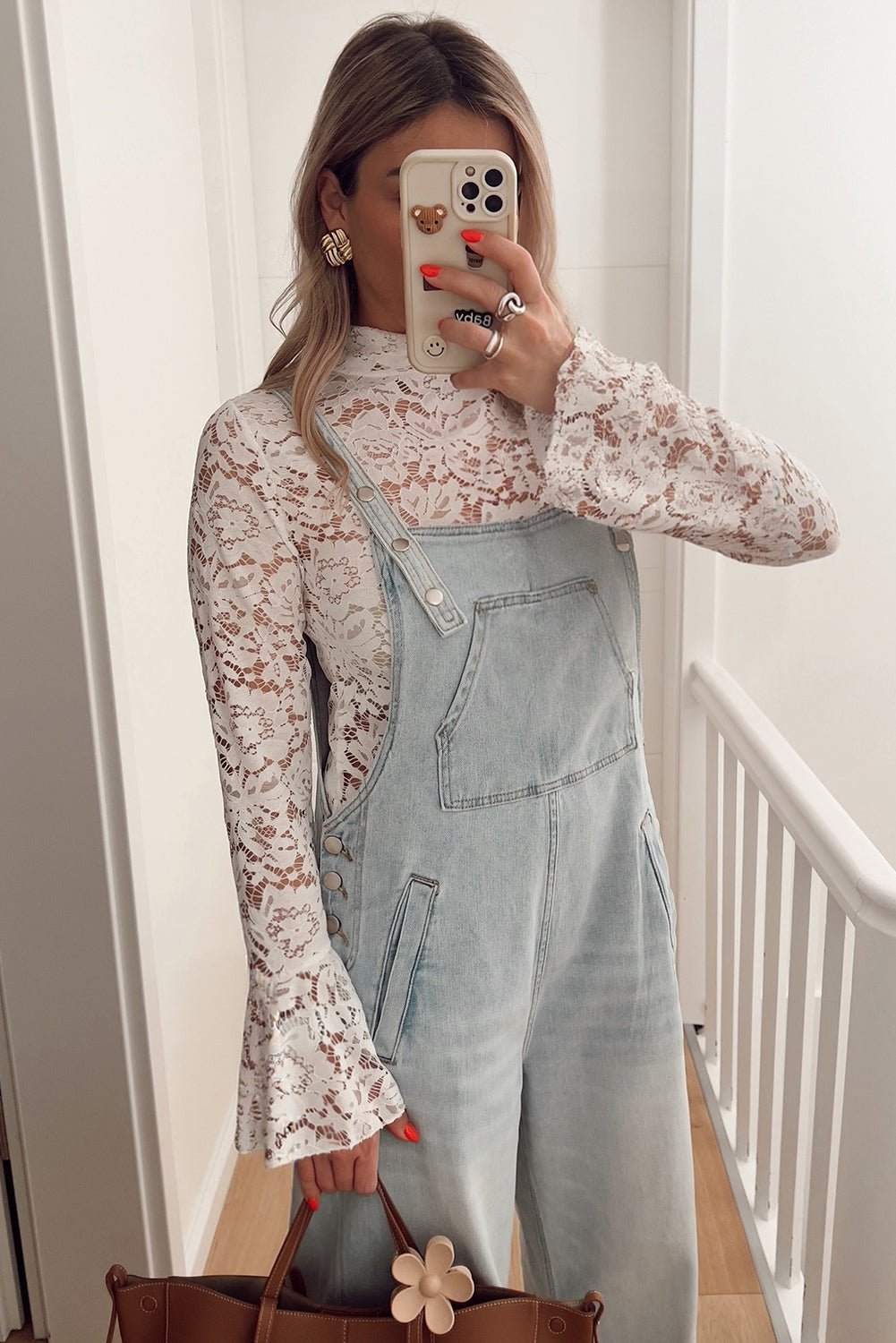 White Lace Crochet Bell Sleeve Mock Neck Blouse - MAD RUFFI