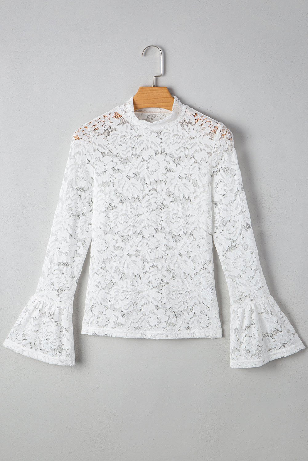 White Lace Crochet Bell Sleeve Mock Neck Blouse - MAD RUFFI