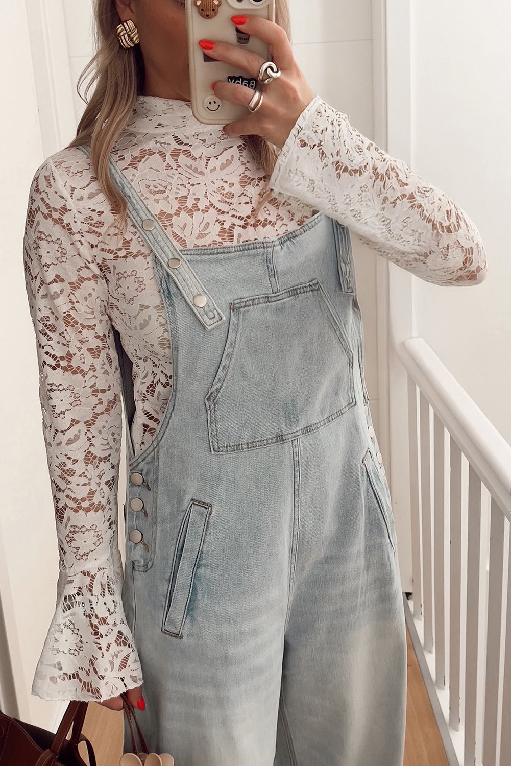 White Lace Crochet Bell Sleeve Mock Neck Blouse - MAD RUFFI