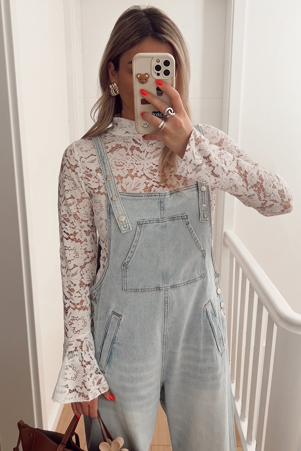 White Lace Crochet Bell Sleeve Mock Neck Blouse - MAD RUFFI