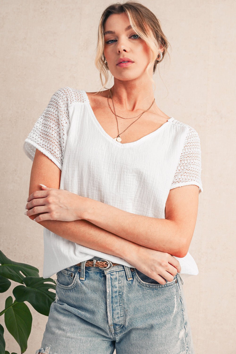 White Lace Crochet Button Back V Neck Blouse - MAD RUFFI