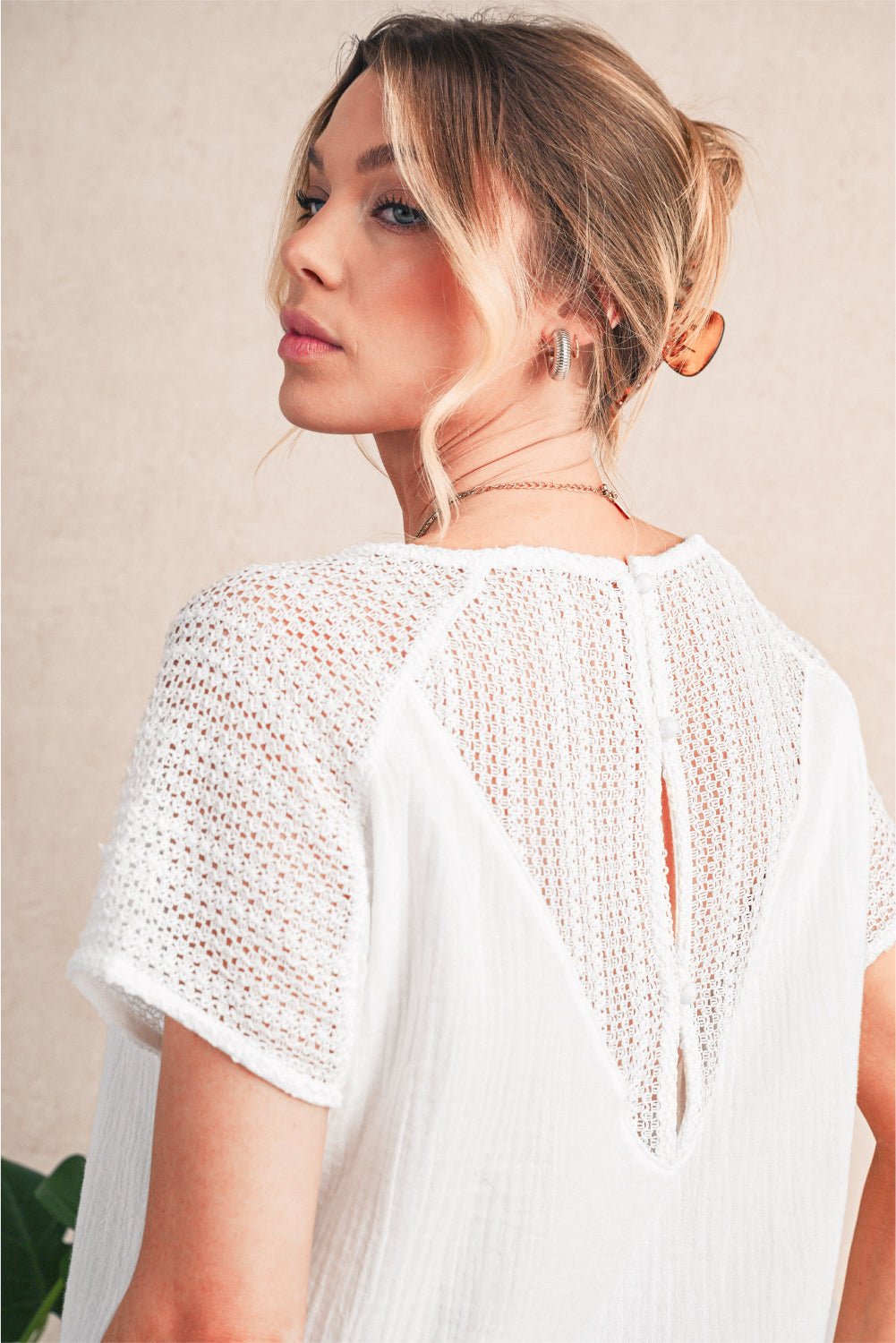 White Lace Crochet Button Back V Neck Blouse - MAD RUFFI
