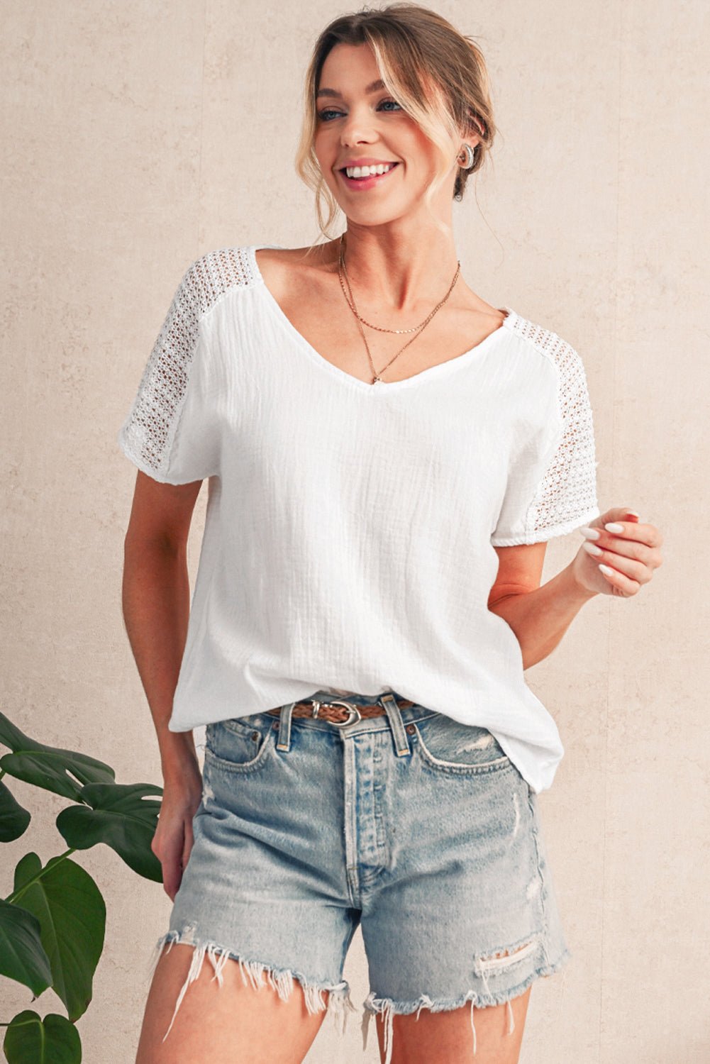 White Lace Crochet Button Back V Neck Blouse - MAD RUFFI