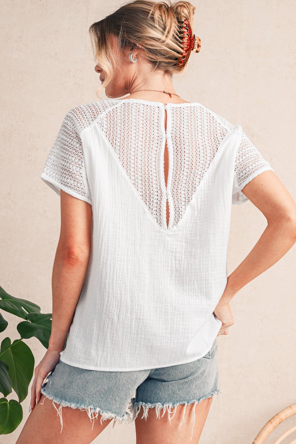 White Lace Crochet Button Back V Neck Blouse - MAD RUFFI