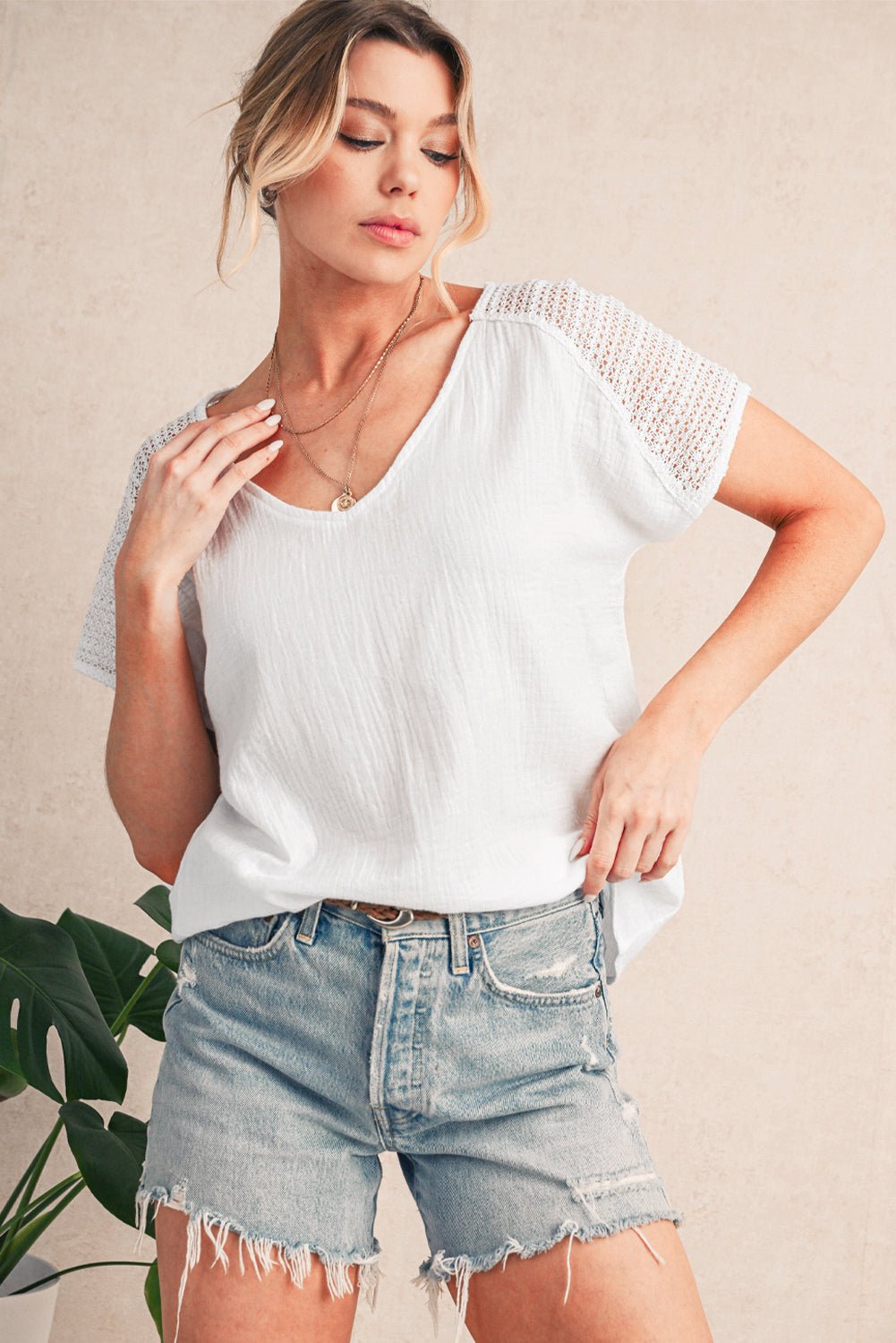 White Lace Crochet Button Back V Neck Blouse - MAD RUFFI