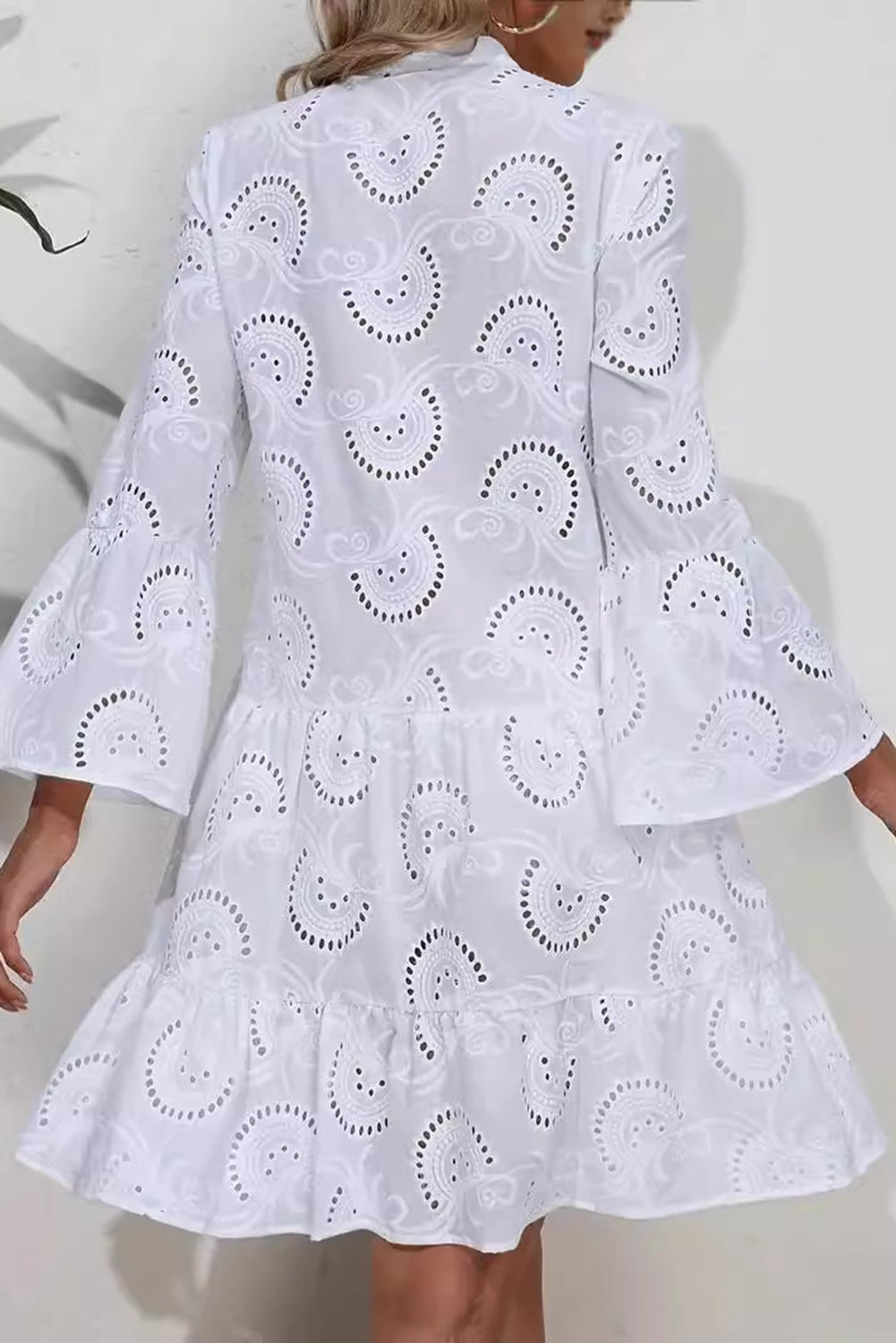 White Lace Embroidery Hollow Flower V Neck Loose Short Dress - MAD RUFFI