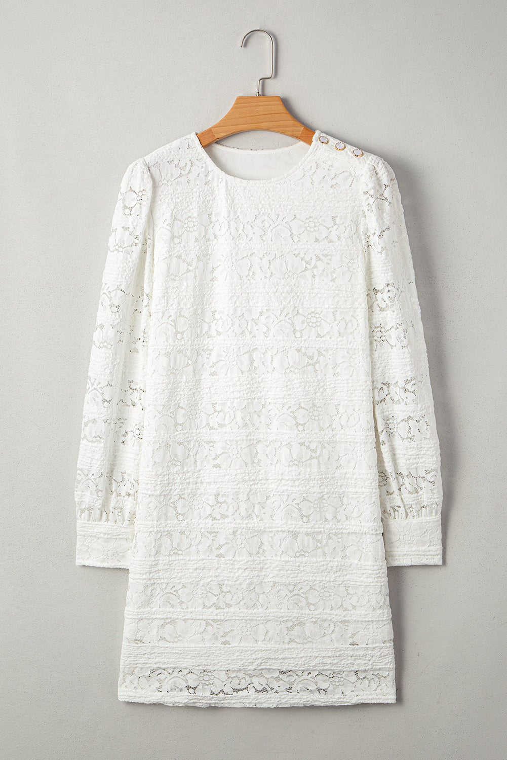 White Lace Floral Round Neck Puff Sleeve Shift Mini Dress - MAD RUFFI