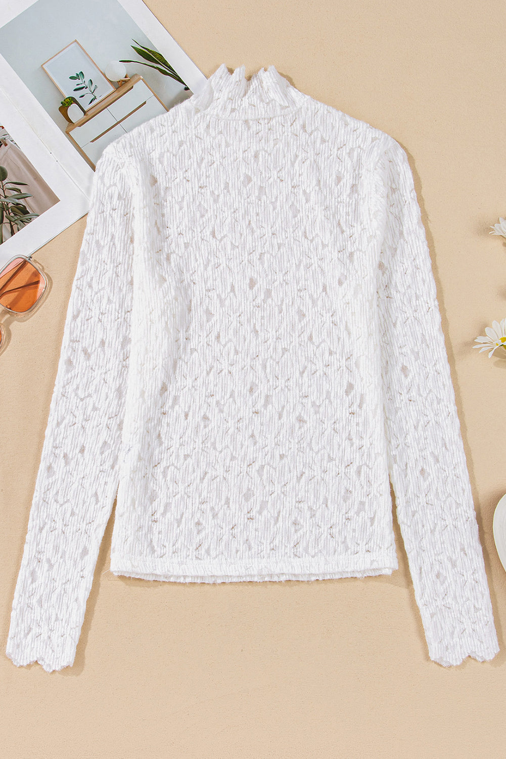 White Lace Flower See Through Slim Fit Long Sleeve Top - Long Sleeve Tops