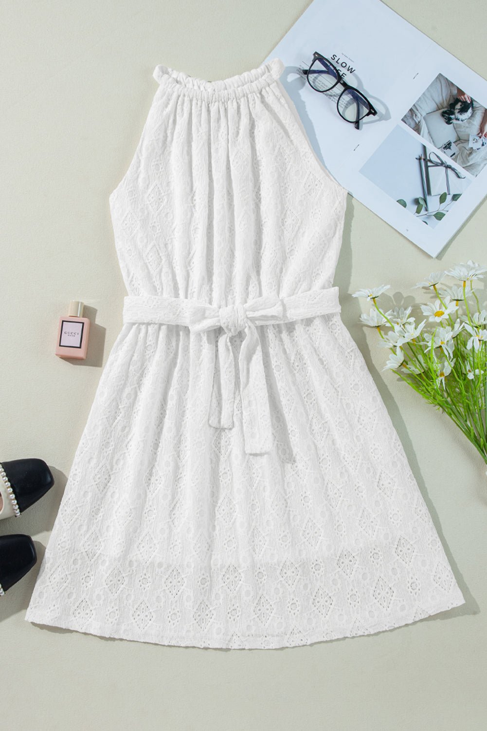 White Lace Sleeveless Knot Hollow Out Back Tied Waist Mini Dress - MAD RUFFI