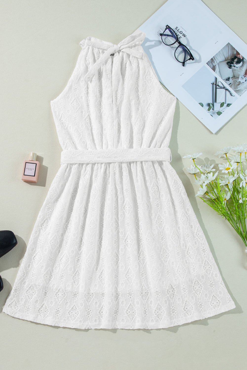 White Lace Sleeveless Knot Hollow Out Back Tied Waist Mini Dress - MAD RUFFI
