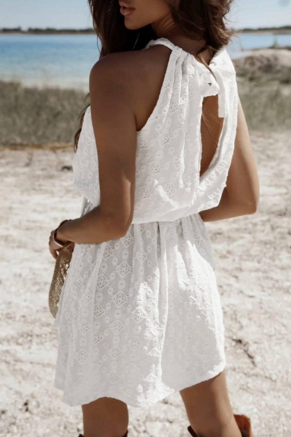 White Lace Sleeveless Knot Hollow Out Back Tied Waist Mini Dress - MAD RUFFI