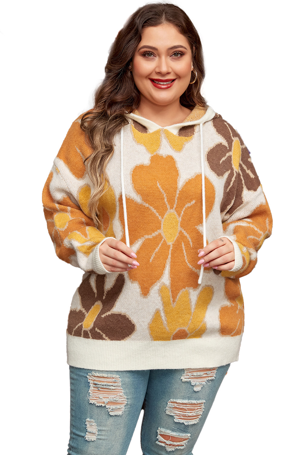 White Large Flower Knitted Drawstring Hooded Plus Size Sweater - Plus Size Sweaters&Cardigans