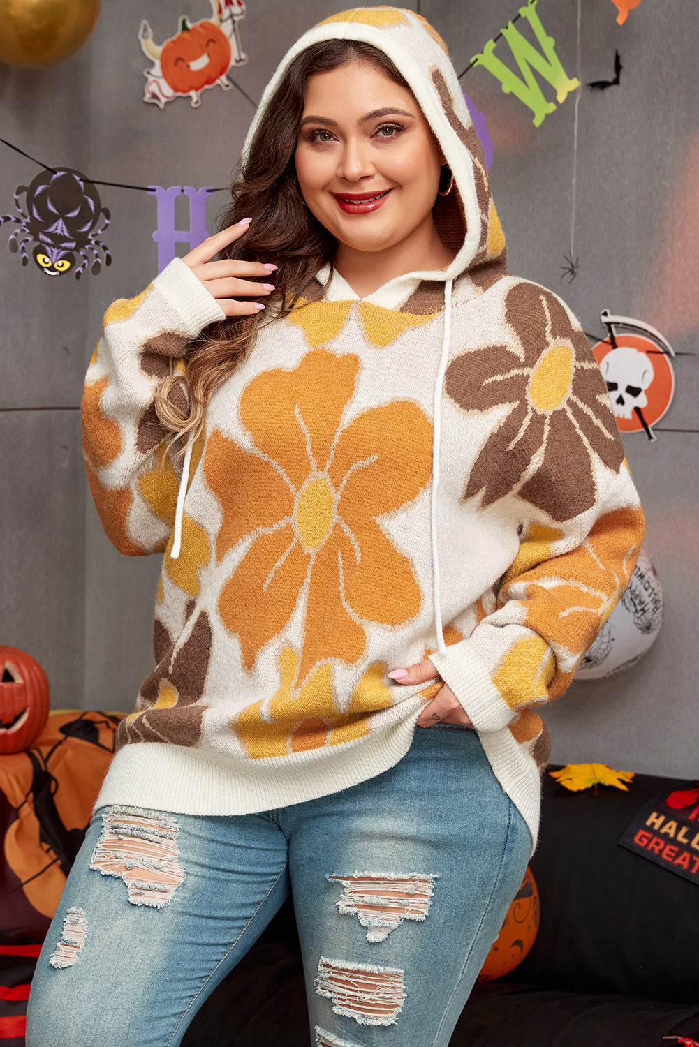 White Large Flower Knitted Drawstring Hooded Plus Size Sweater - Plus Size Sweaters&Cardigans