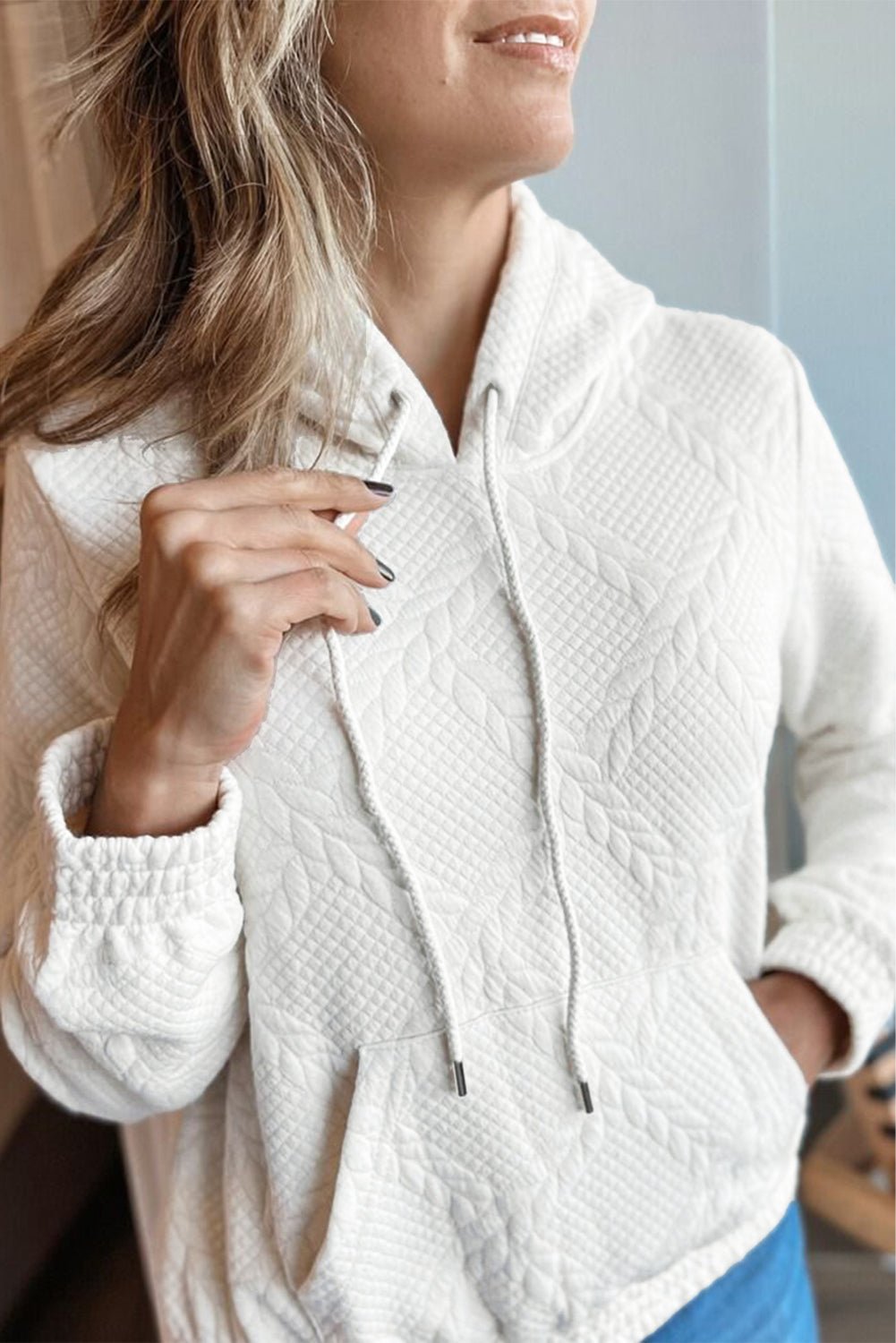 White Lattice Texture Kangaroo Pocket Hoodie - MAD RUFFI