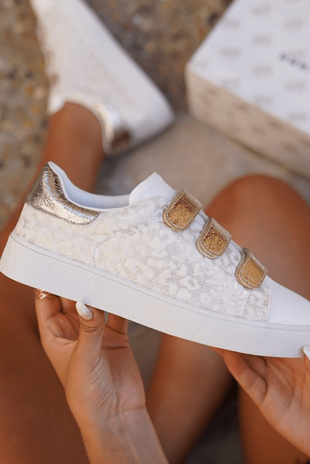 White Leopard Color Block Velcro Straps PU Leather Sneakers - MAD RUFFI