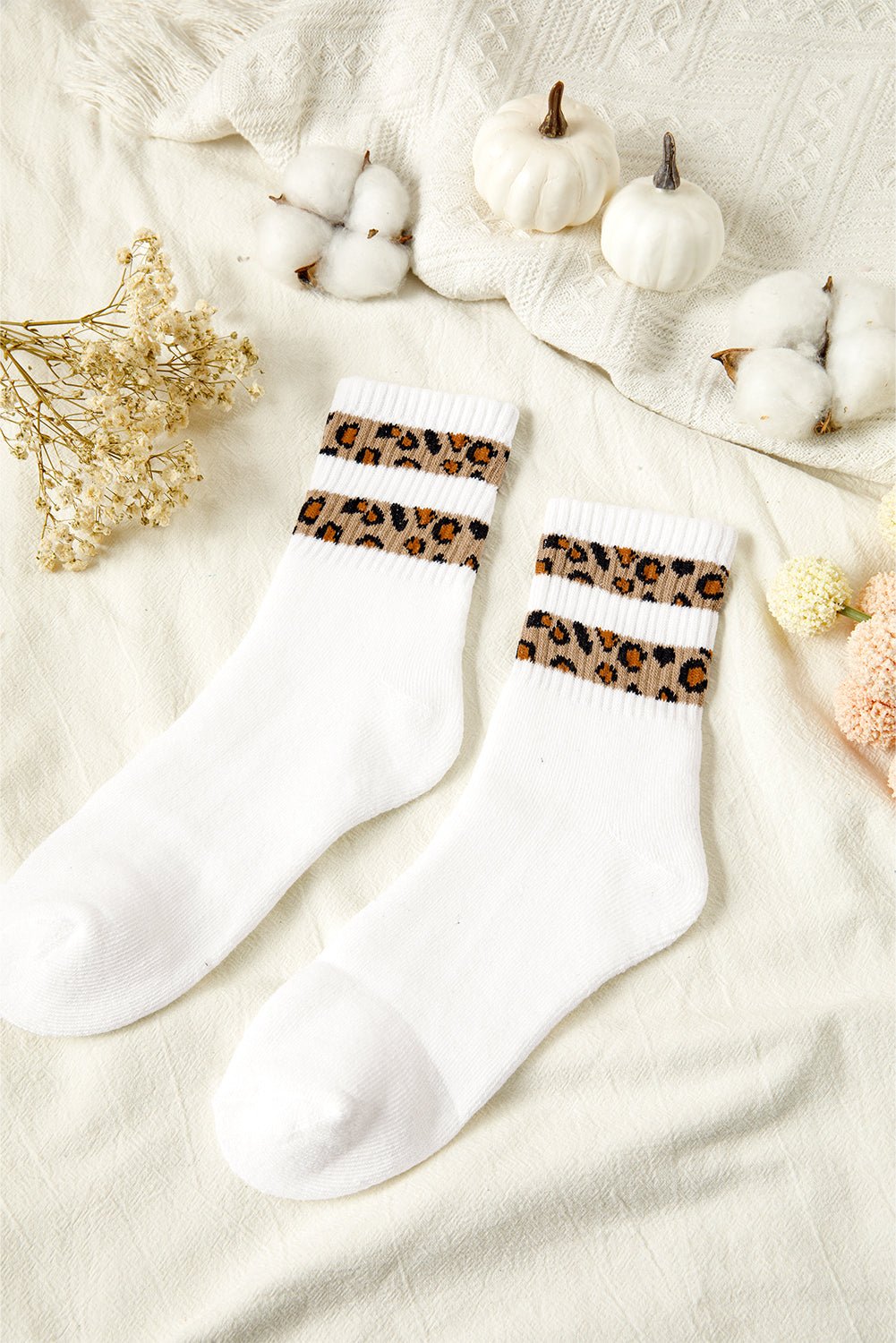 White Leopard Double Stripe Crew Socks - MAD RUFFI