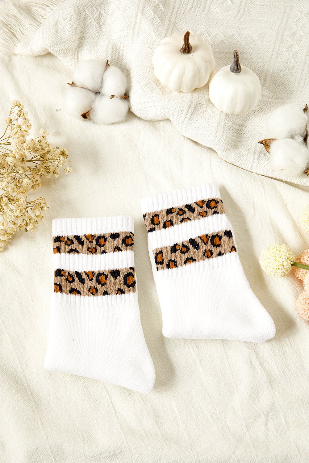 White Leopard Double Stripe Crew Socks - MAD RUFFI