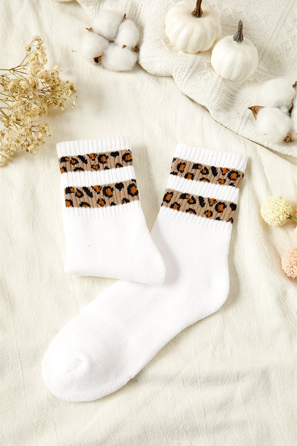 White Leopard Double Stripe Crew Socks - MAD RUFFI