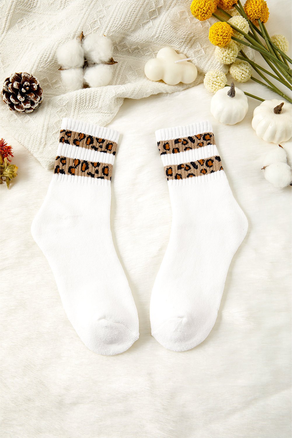 White Leopard Double Stripe Crew Socks - MAD RUFFI