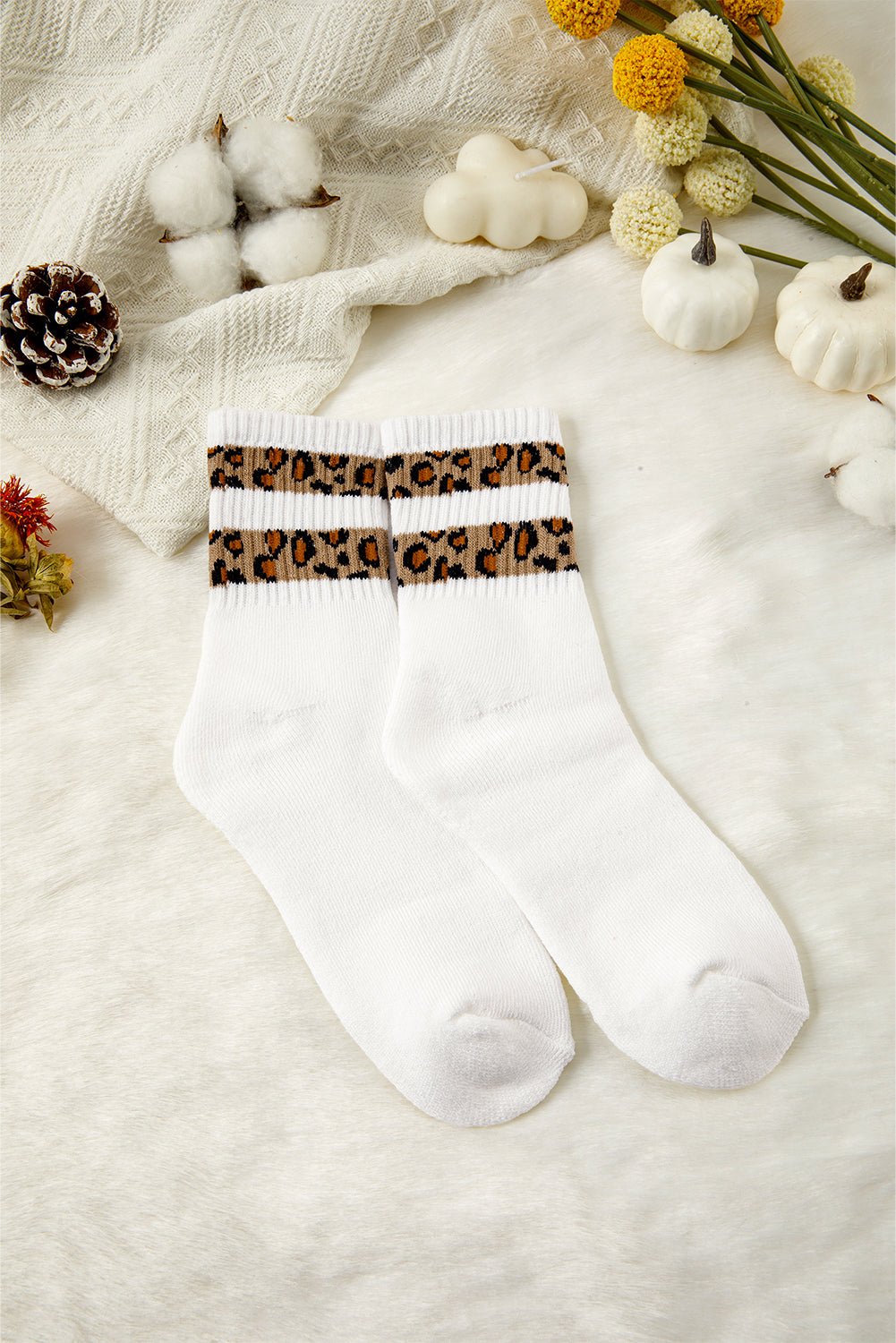White Leopard Double Stripe Crew Socks - MAD RUFFI