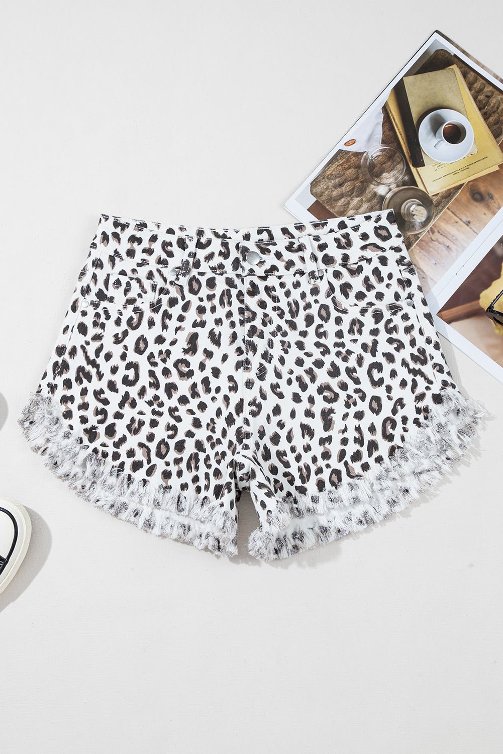 White Leopard Frayed Hem Denim Shorts - MAD RUFFI