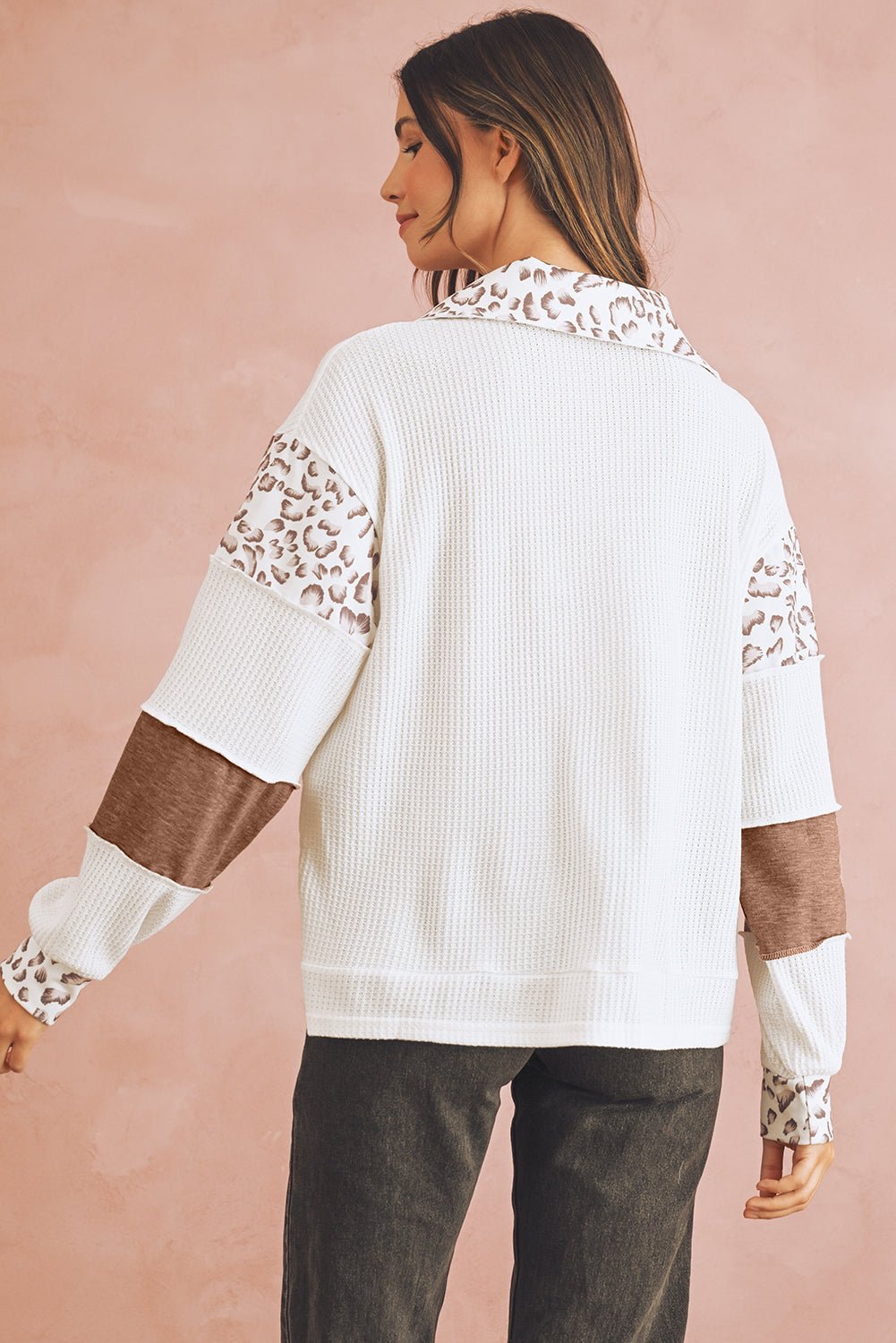 White Leopard Patchwork Turn - down Collar Waffle Top - MAD RUFFI