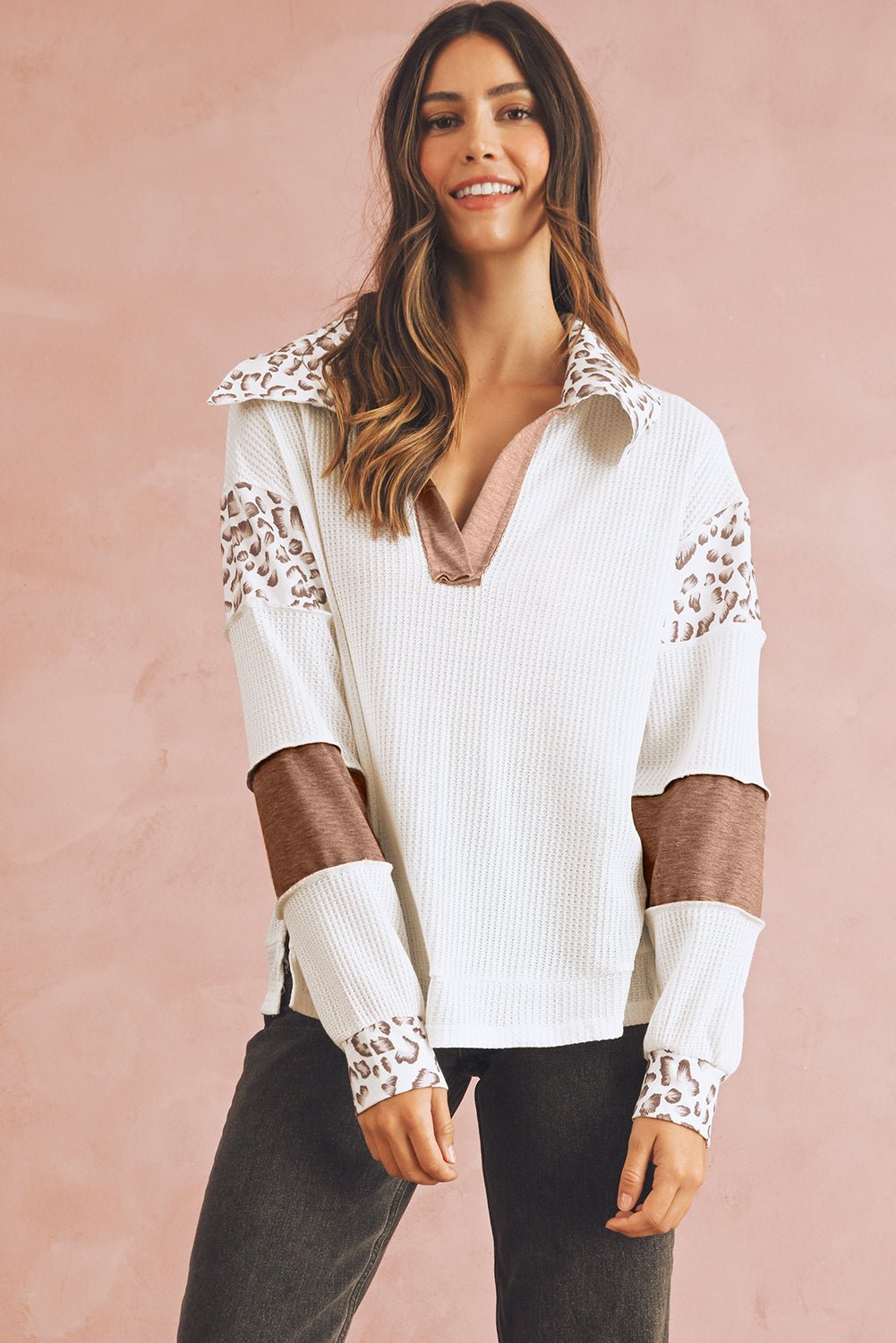 White Leopard Patchwork Turn - down Collar Waffle Top - MAD RUFFI