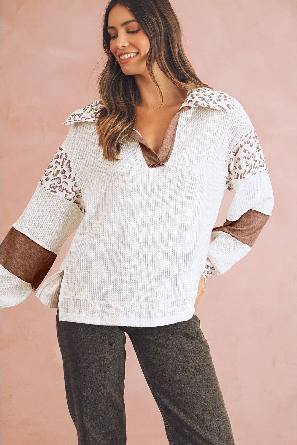 White Leopard Patchwork Turn - down Collar Waffle Top - MAD RUFFI