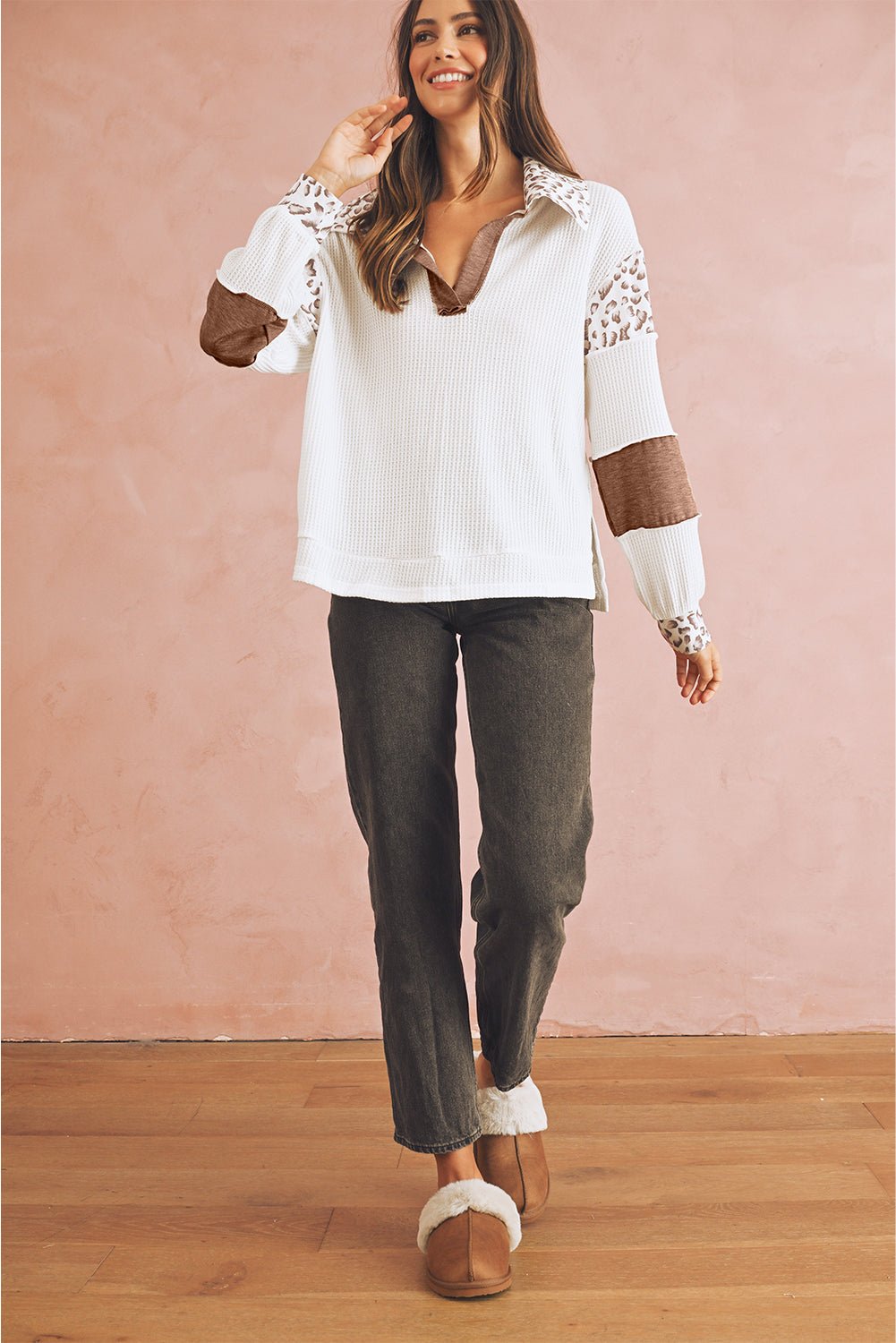 White Leopard Patchwork Turn - down Collar Waffle Top - MAD RUFFI