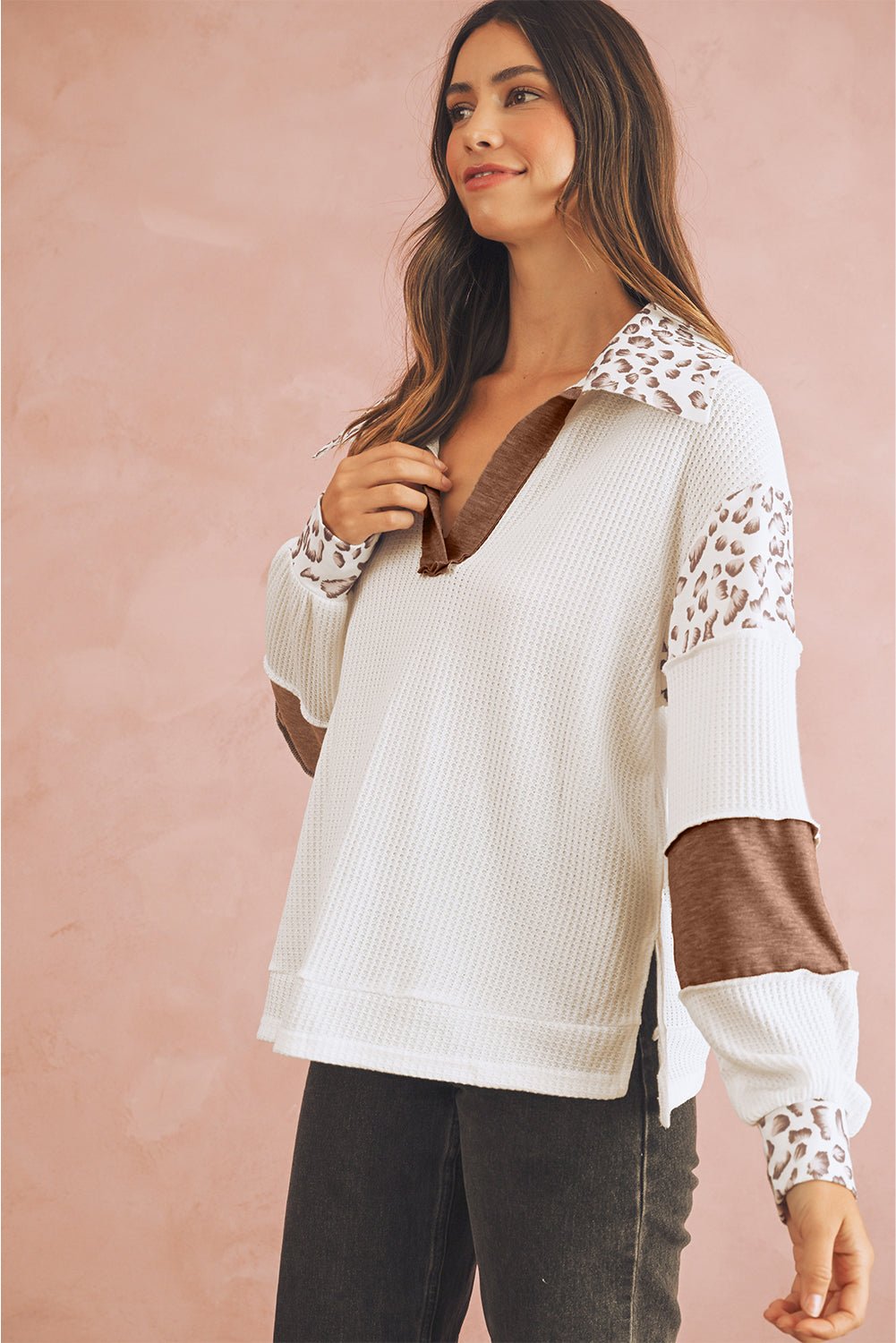 White Leopard Patchwork Turn - down Collar Waffle Top - MAD RUFFI