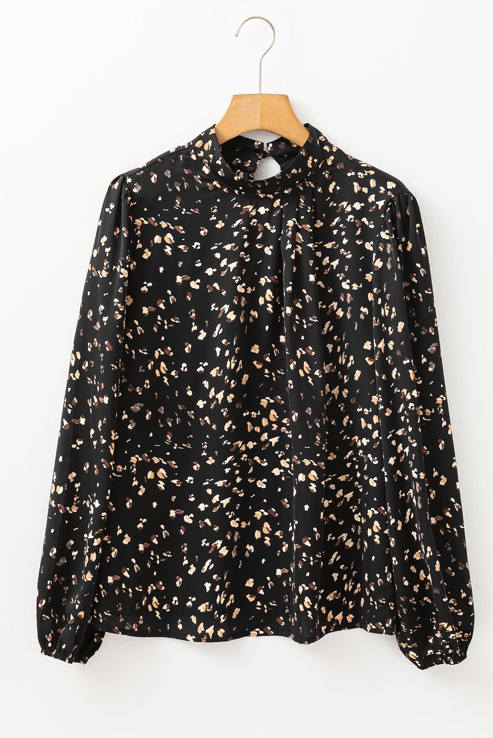White Leopard Print Puff Sleeve Mock Neck Pleated Blouse - MAD RUFFI
