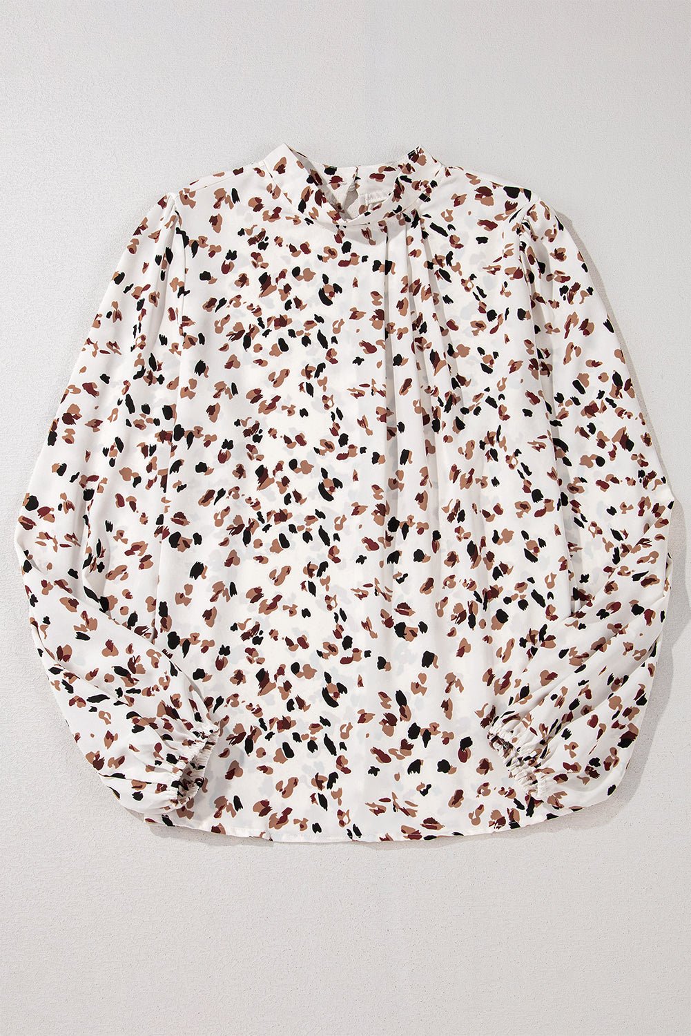 White Leopard Print Puff Sleeve Mock Neck Pleated Blouse - MAD RUFFI