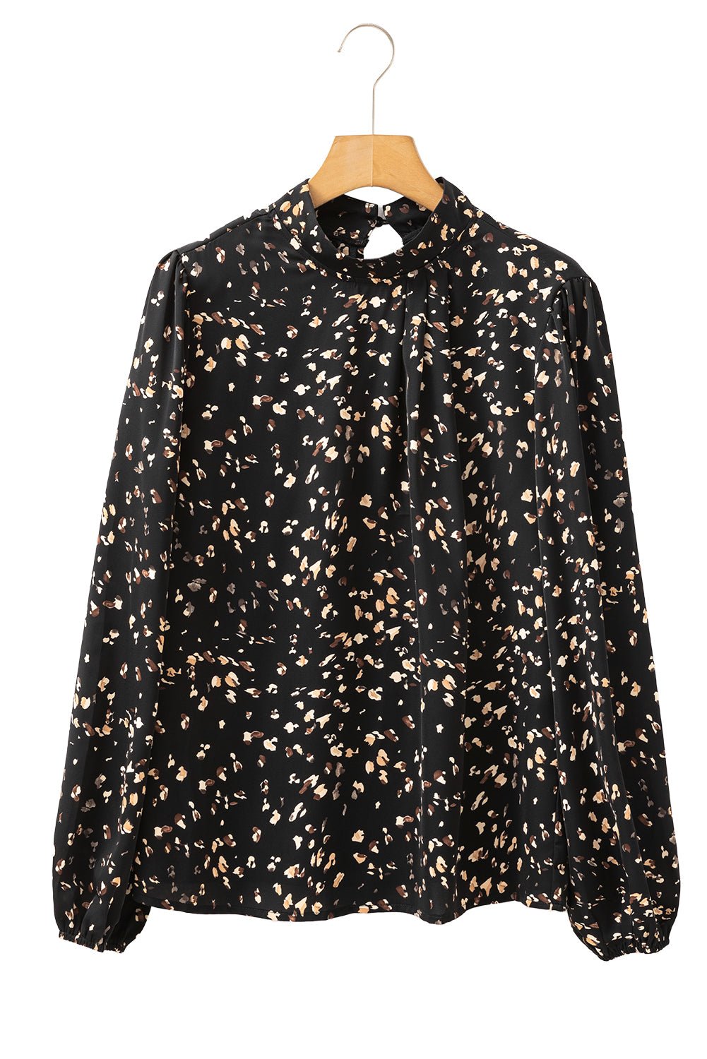 White Leopard Print Puff Sleeve Mock Neck Pleated Blouse - MAD RUFFI
