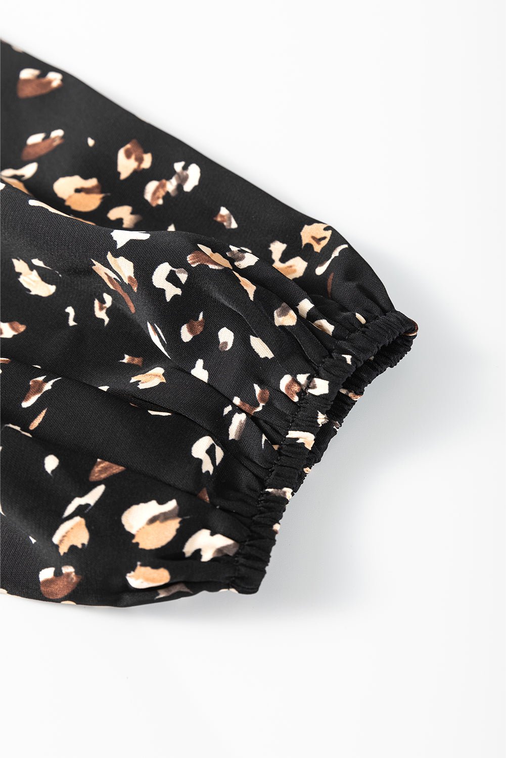 White Leopard Print Puff Sleeve Mock Neck Pleated Blouse - MAD RUFFI