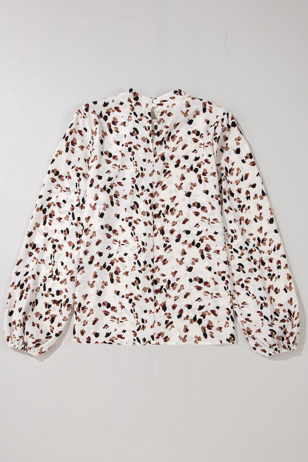 White Leopard Print Puff Sleeve Mock Neck Pleated Blouse - MAD RUFFI