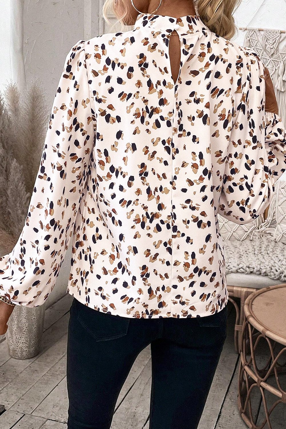 White Leopard Print Puff Sleeve Mock Neck Pleated Blouse - MAD RUFFI