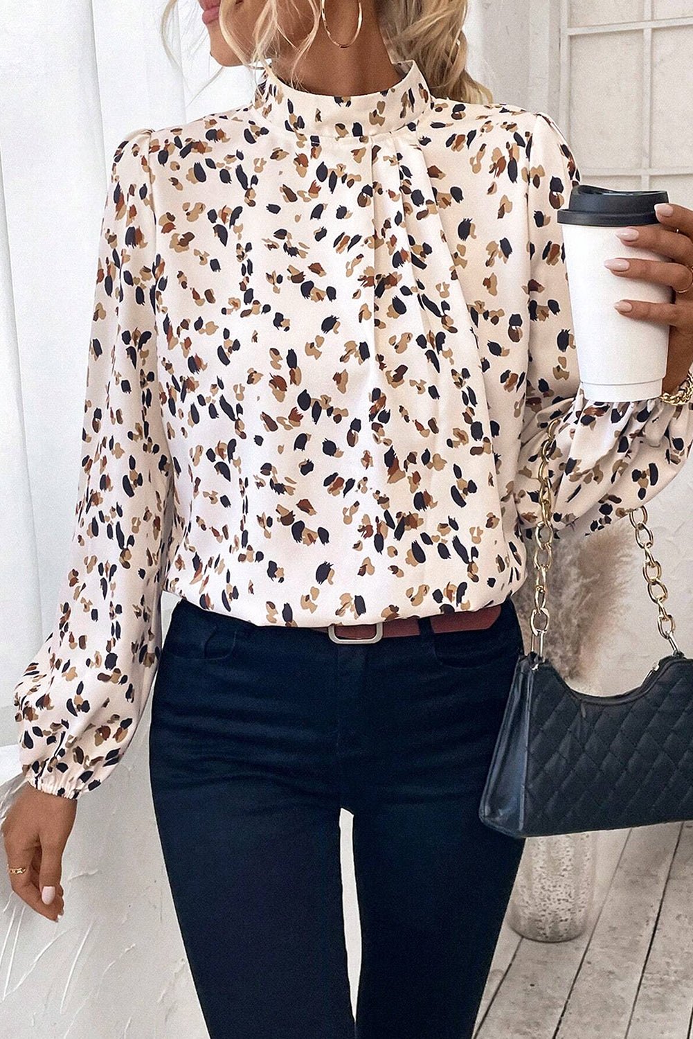 White Leopard Print Puff Sleeve Mock Neck Pleated Blouse - MAD RUFFI
