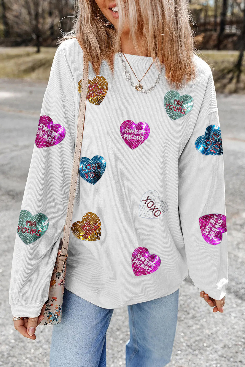 White Letter Print Heart Graphic Valentines Corded Crewneck Sweatshirt - Graphic Sweatshirts