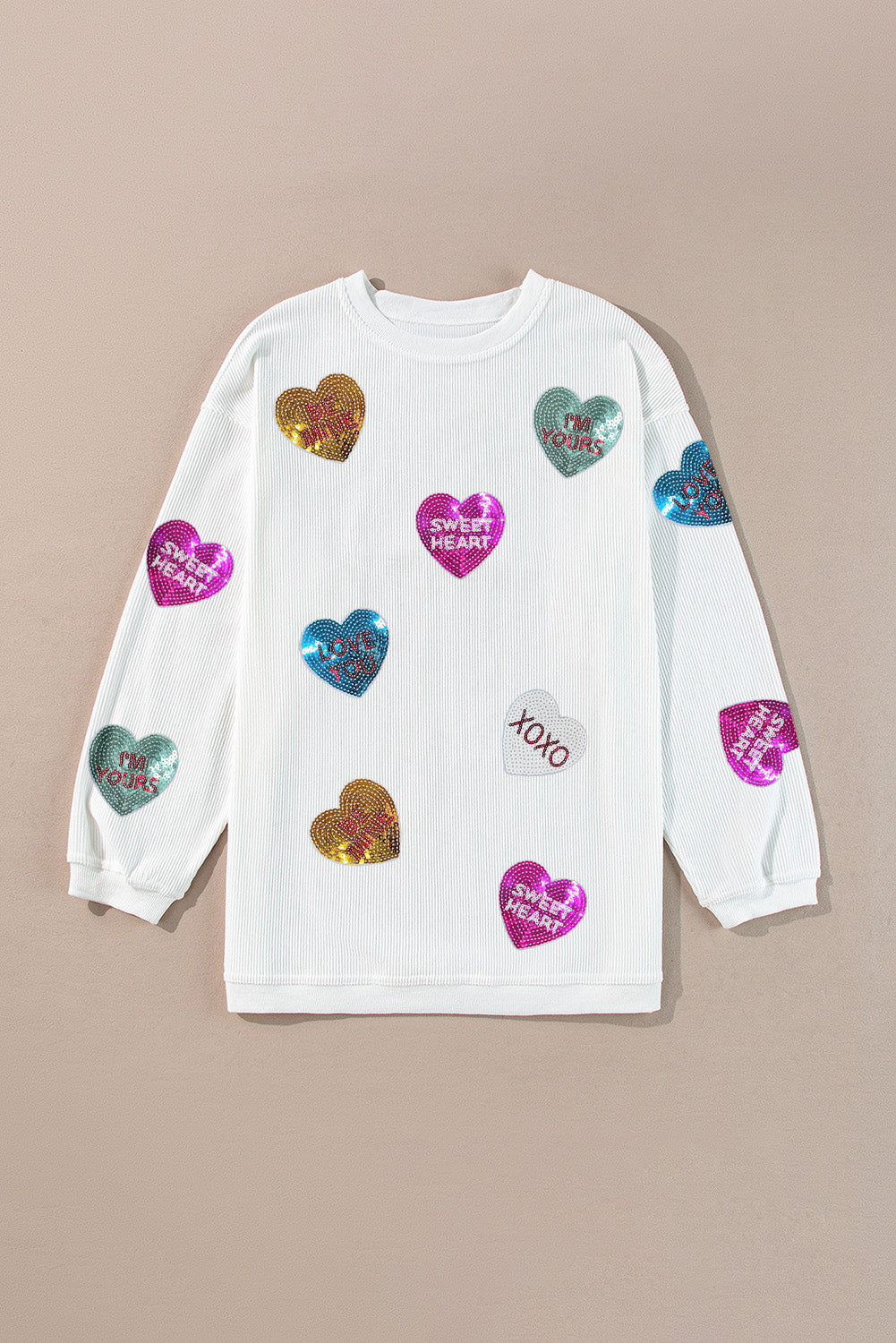 White Letter Print Heart Graphic Valentines Corded Crewneck Sweatshirt - Graphic Sweatshirts