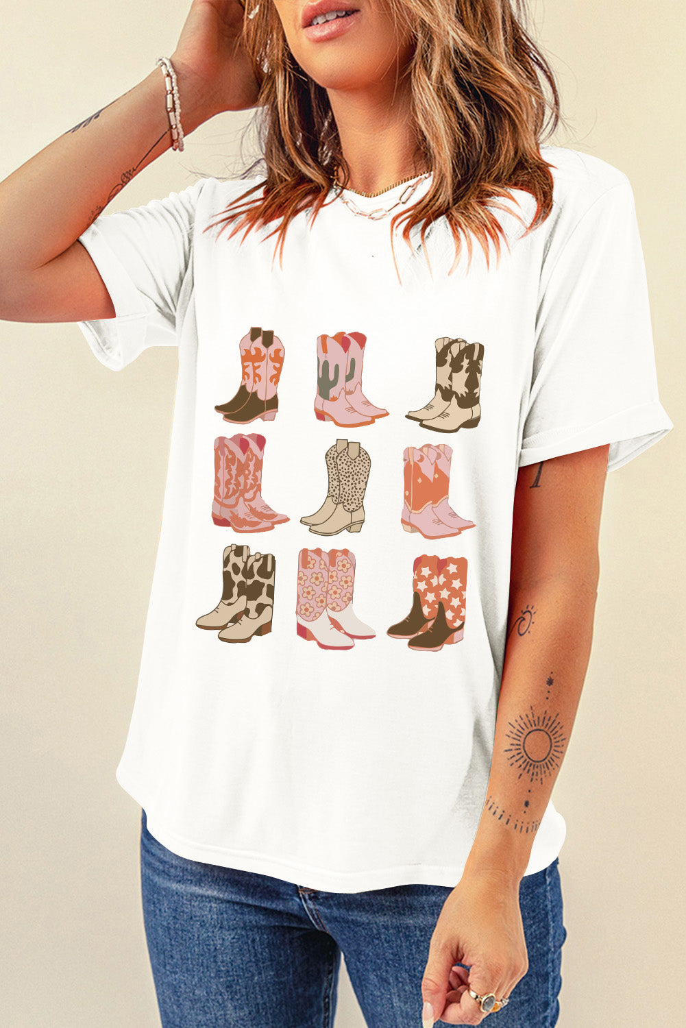 White Mixed Boots Graphic Round Neck Roll Up Sleeve T Shirt - MAD RUFFI