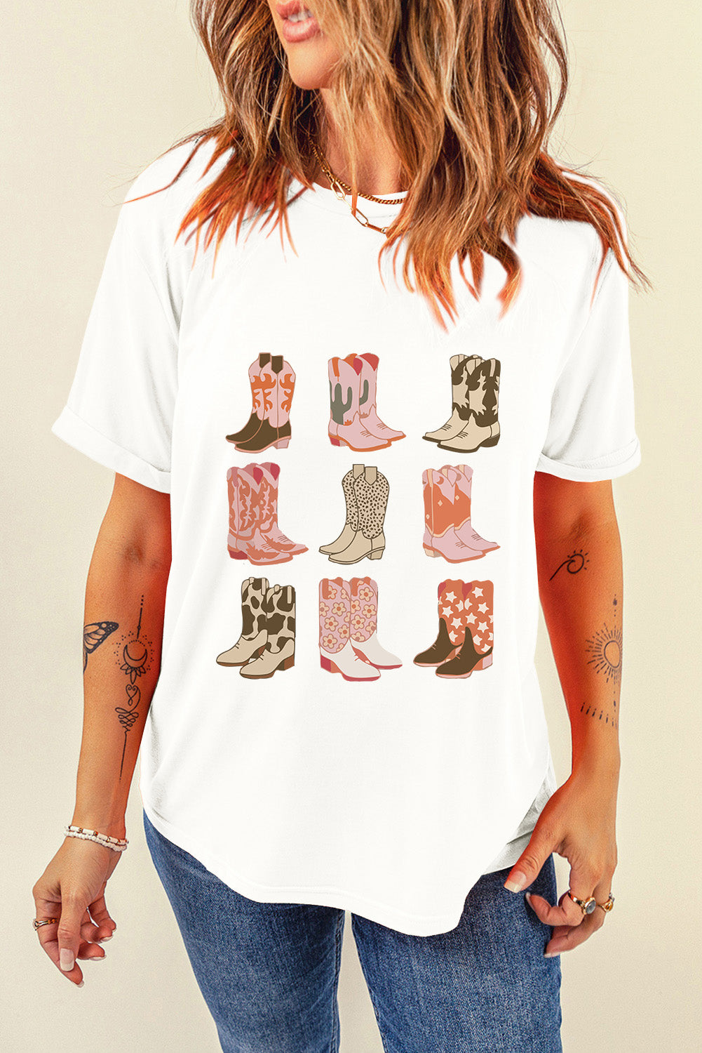 White Mixed Boots Graphic Round Neck Roll Up Sleeve T Shirt - MAD RUFFI