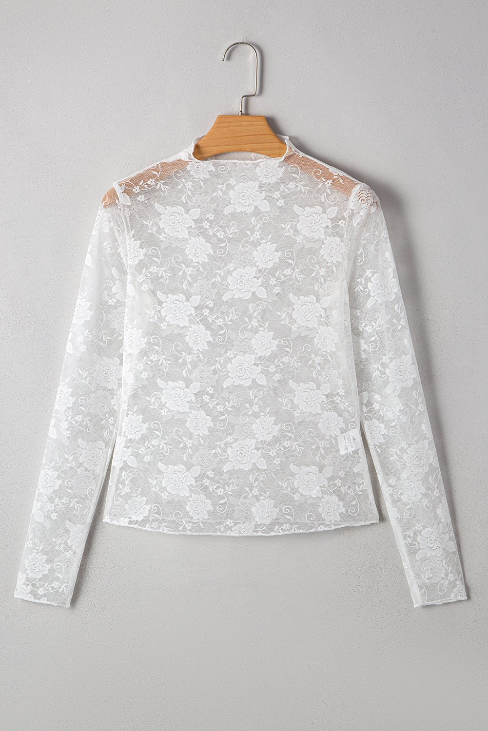 White Mock Neck Floral Lace Mesh Long Sleeve Top - MAD RUFFI