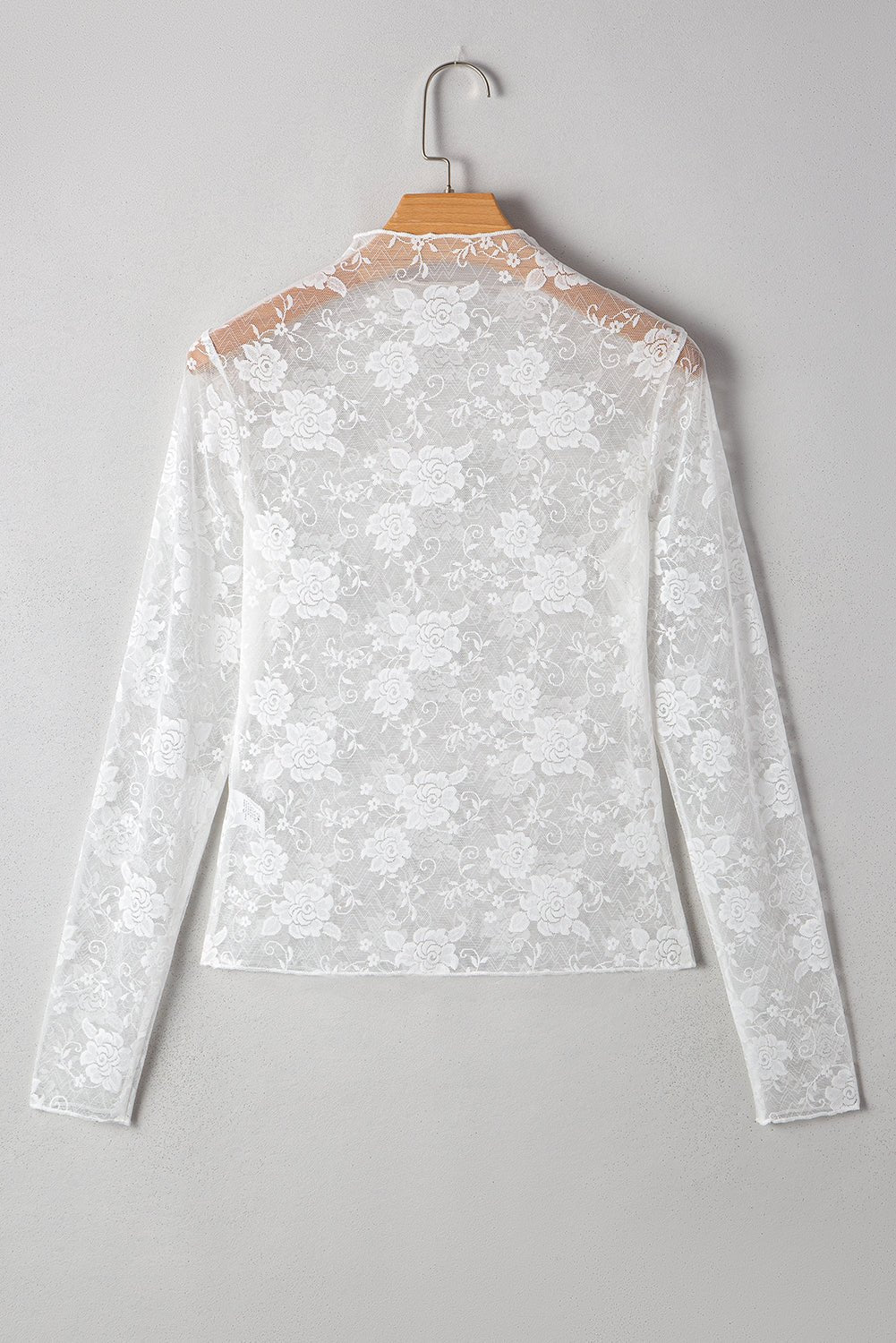 White Mock Neck Floral Lace Mesh Long Sleeve Top - MAD RUFFI