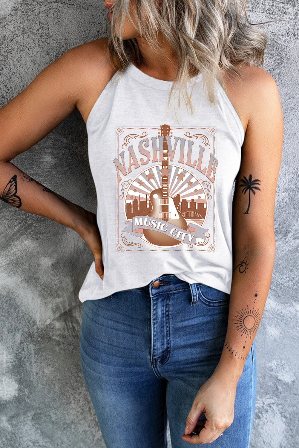 White NASHVILLE MUSIC CITY Guitar Graphic Tank Top - MAD RUFFI