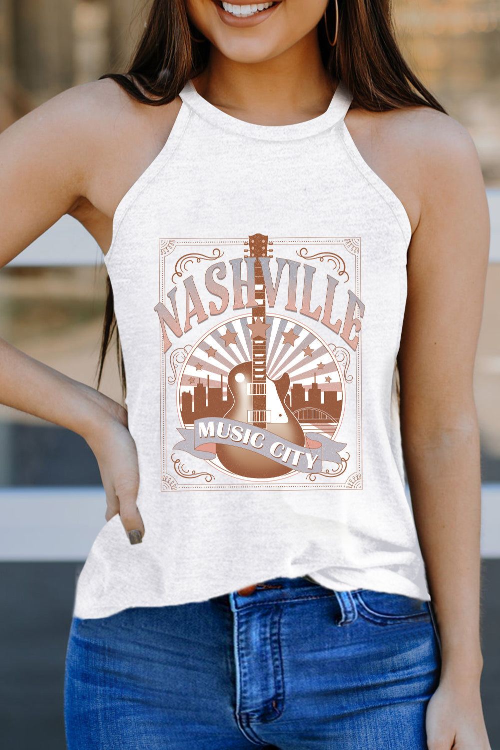 White NASHVILLE MUSIC CITY Guitar Graphic Tank Top - MAD RUFFI