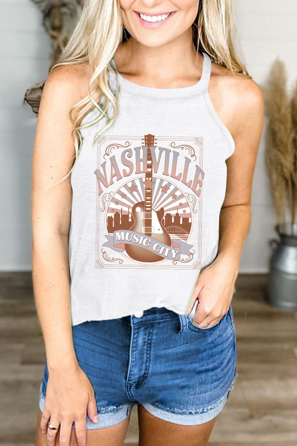 White NASHVILLE MUSIC CITY Guitar Graphic Tank Top - MAD RUFFI