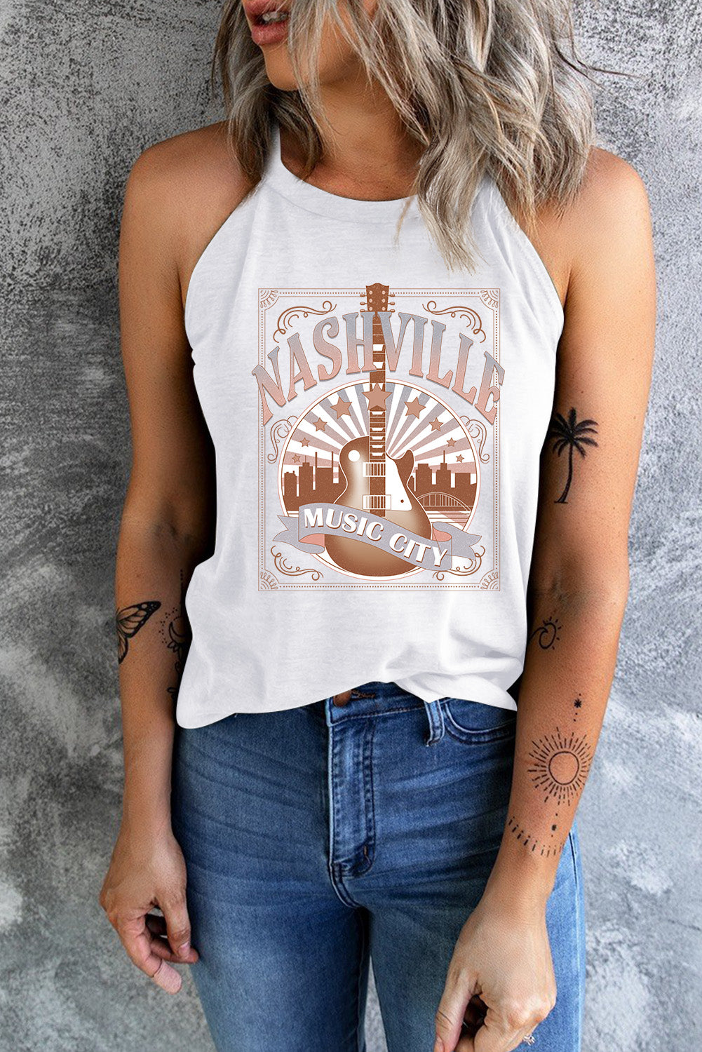 White NASHVILLE MUSIC CITY Guitar Graphic Tank Top - MAD RUFFI