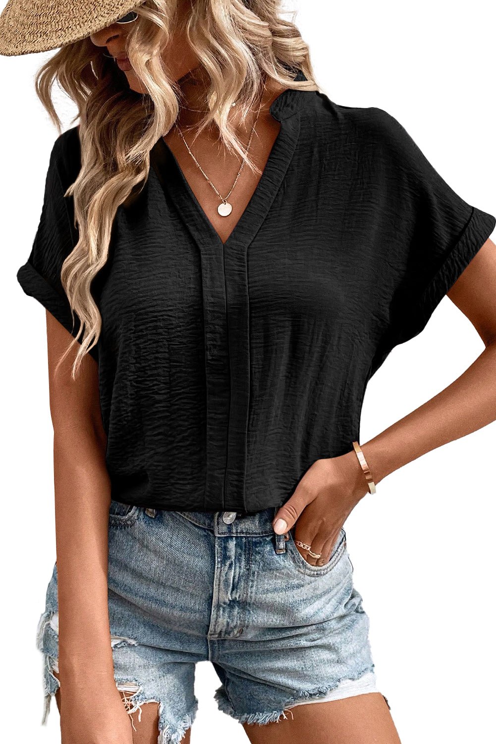 White Notched Neck Batwing Sleeve Blouse - MAD RUFFI