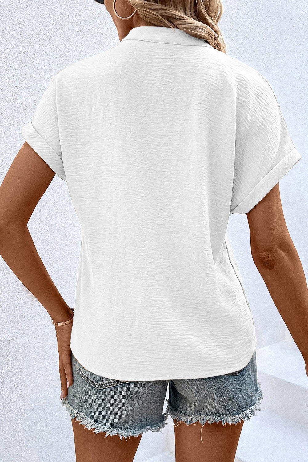 White Notched Neck Batwing Sleeve Blouse - MAD RUFFI