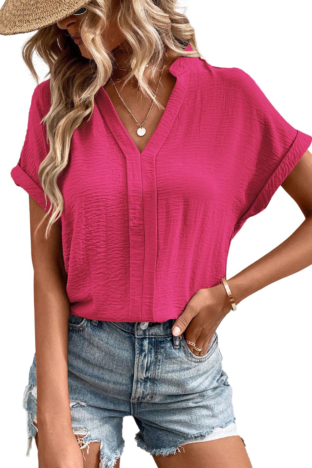 White Notched Neck Batwing Sleeve Blouse - MAD RUFFI